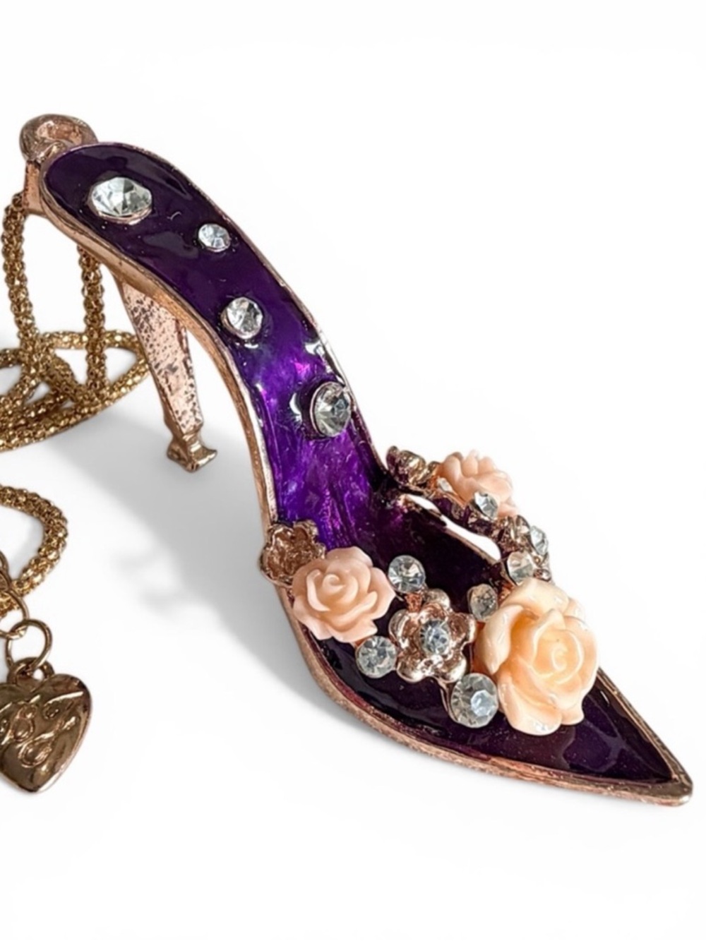 Betsey Johnson decorative Purple Jeweled High Heel Necklace with Peach Roses